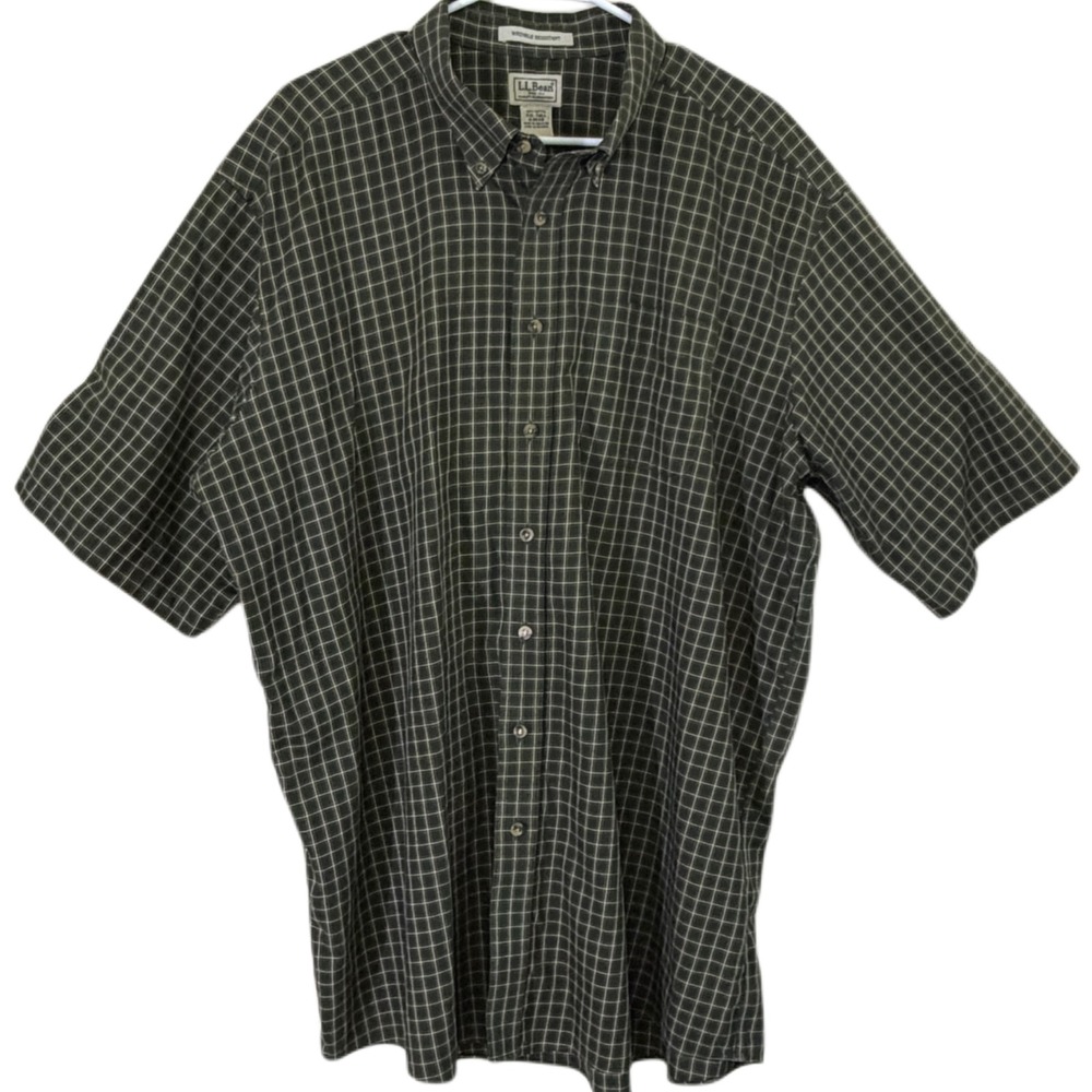 L.L.Bean XXL Tall Green Plaid Button Up Shirt Short Sleeve Cotton Outdoors